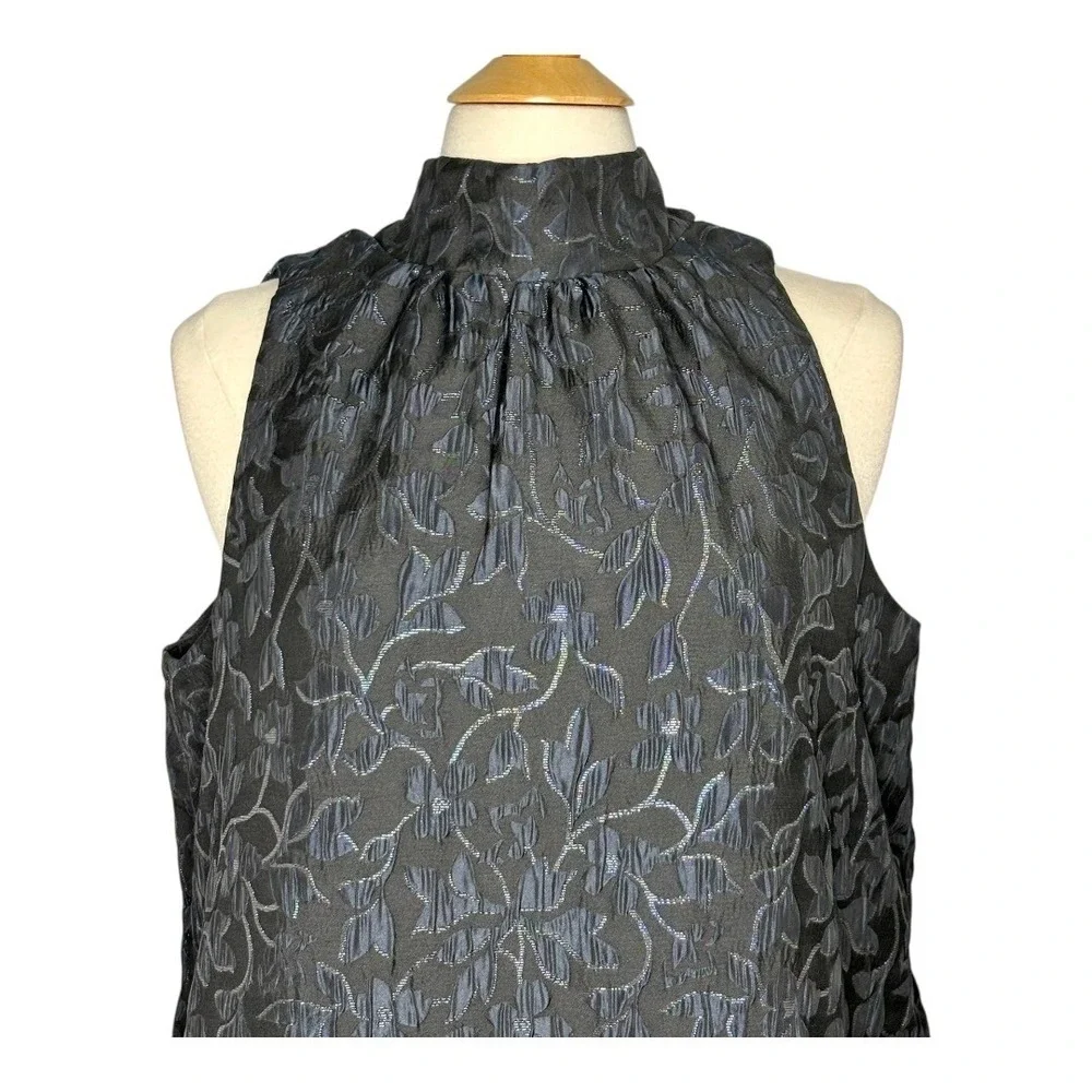 Scoop Mini Dress Women‎ Large Black Blue Metallic Floral Jacquard Mock Neck Tie
